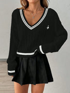 Ivy League V-Neck Cable Knit Sweater - WEUXS