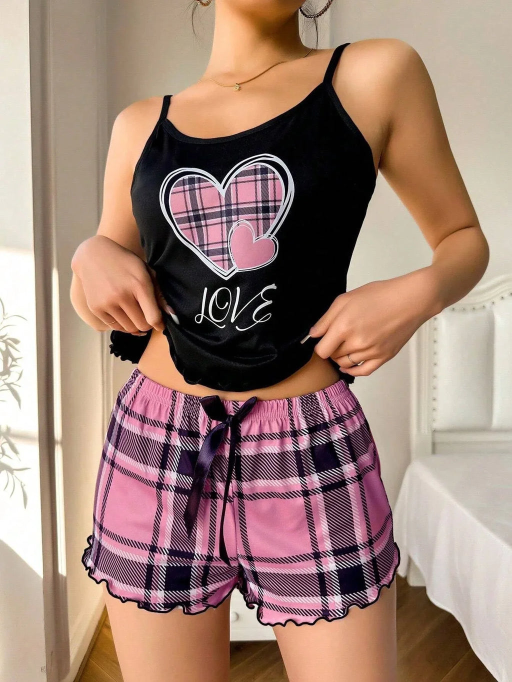 Plaid Heart Print Cami & Shorts Loungewear Set - View 11 | WEUXS