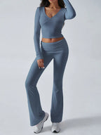 V-Neck Knit Crop Top and Flare Pants Set - View 21 | WEUXS