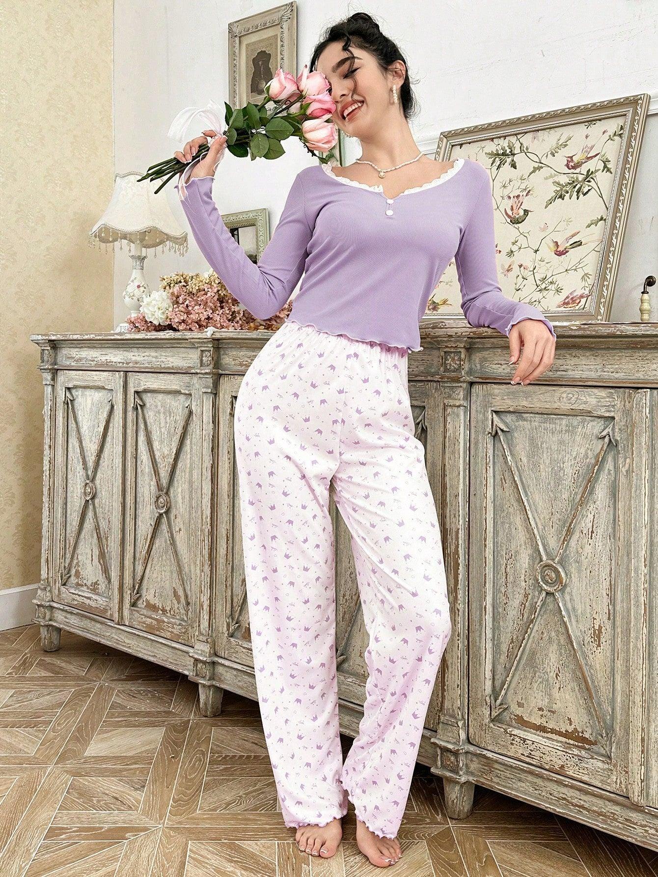 Ribbed Henley Pajama Set with Crown Print - View 35 | WEUXS