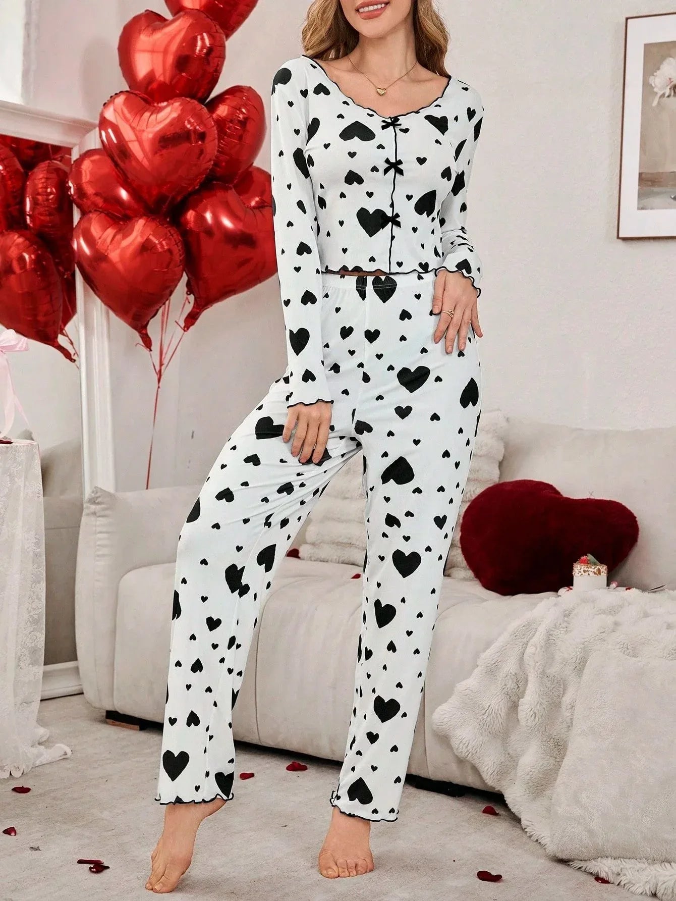 Ribbed heart print pajama set - View 15 | WEUXS
