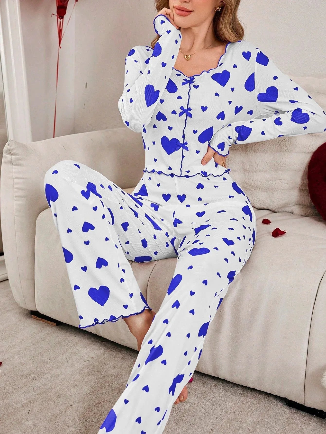 Ribbed heart print pajama set - View 30 | WEUXS