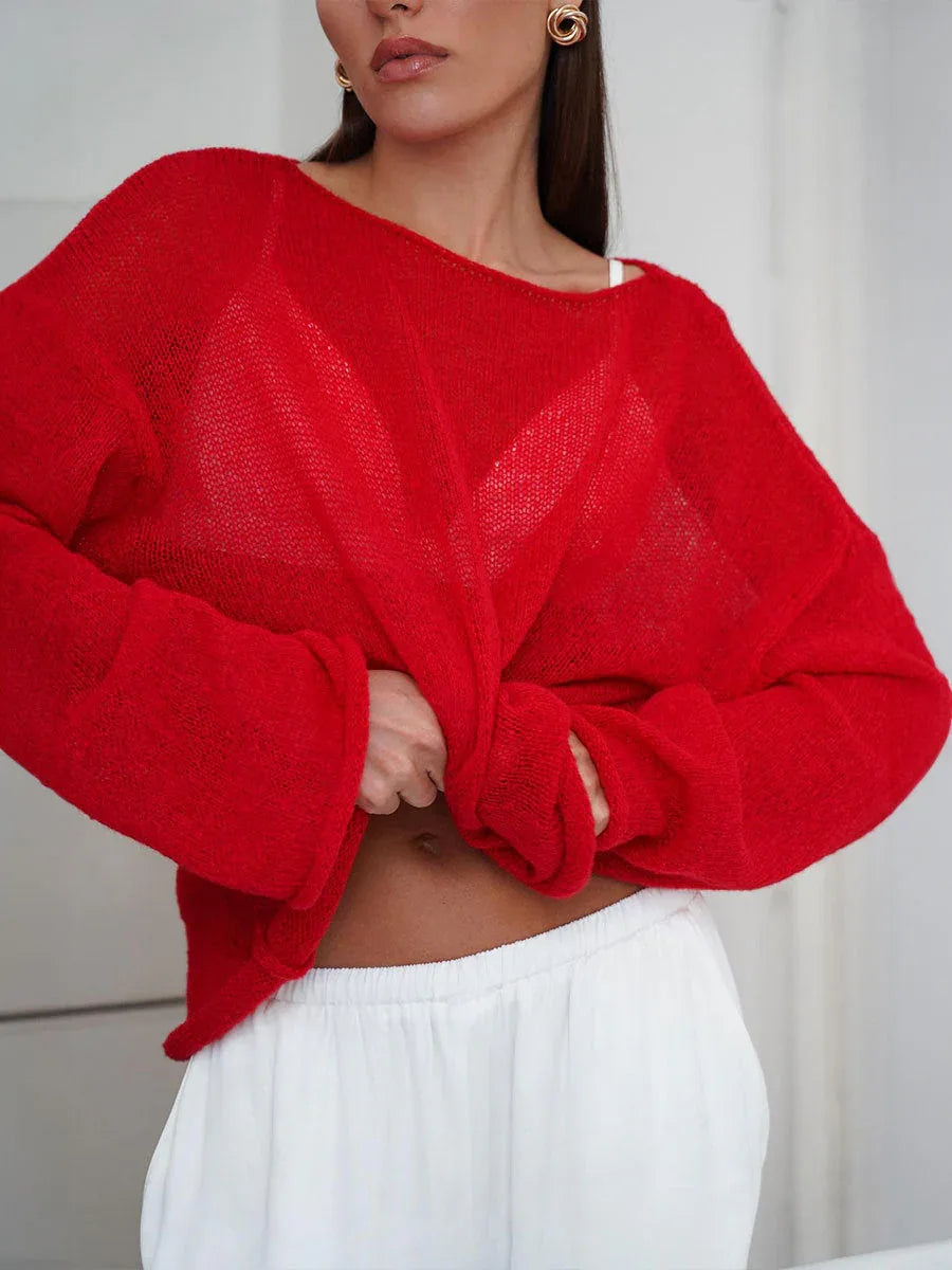 Oversized knit pullover sweater with boat neck - View 14 | WEUXS