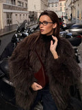Luxe Espresso Shaggy Faux Fur Round Neck Jacket - WEUXS