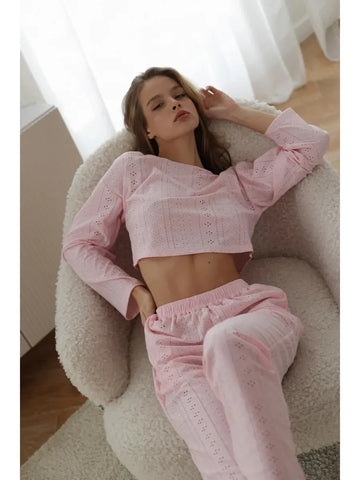 Coquette Aesthetic Pink Eyelet Lounge Set - WEUXS