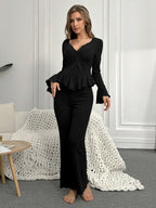 Ribbed Peplum Knit Lounge Set - View 7 | WEUXS