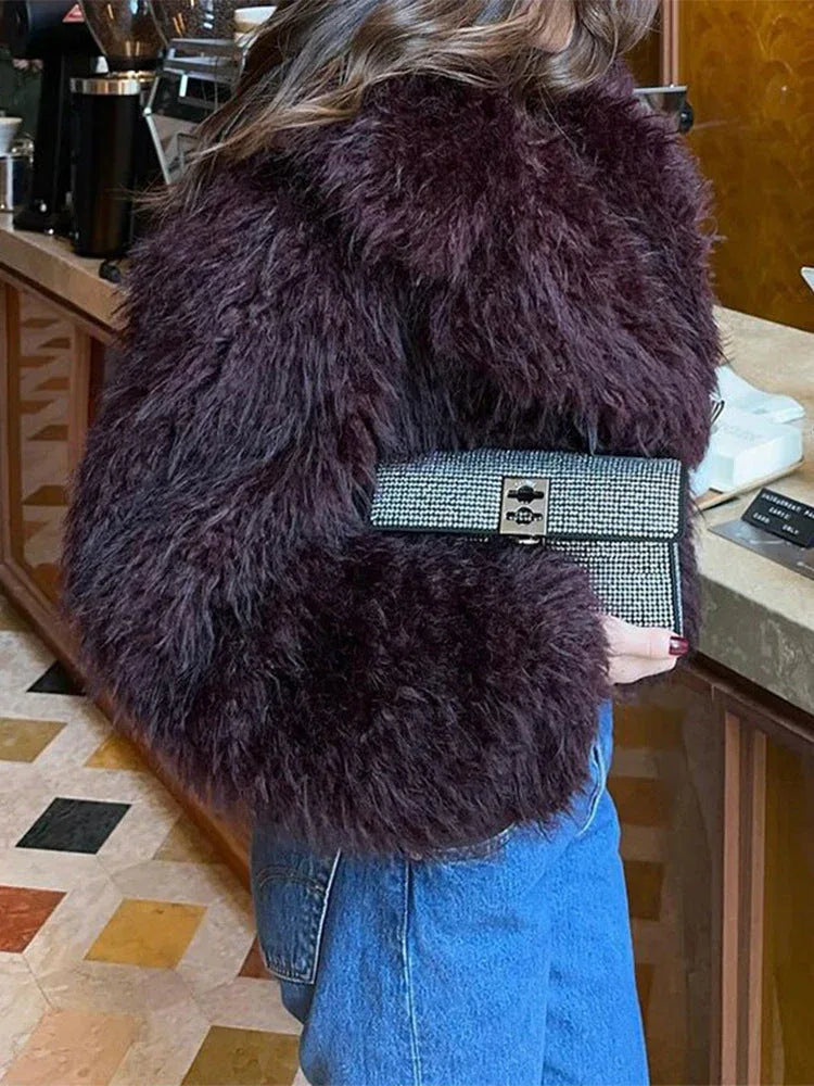 Vamp Burgundy Shaggy Faux Fur Cropped Jacket - WEUXS