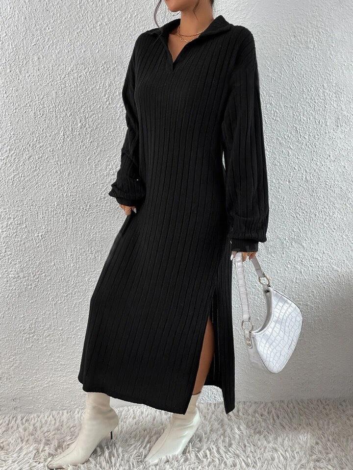 Ribbed Knit Polo Maxi Dress - View 7 | WEUXS