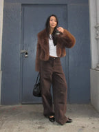 Plush faux fur cropped jacket with oversized lapels - View 9 | WEUXS