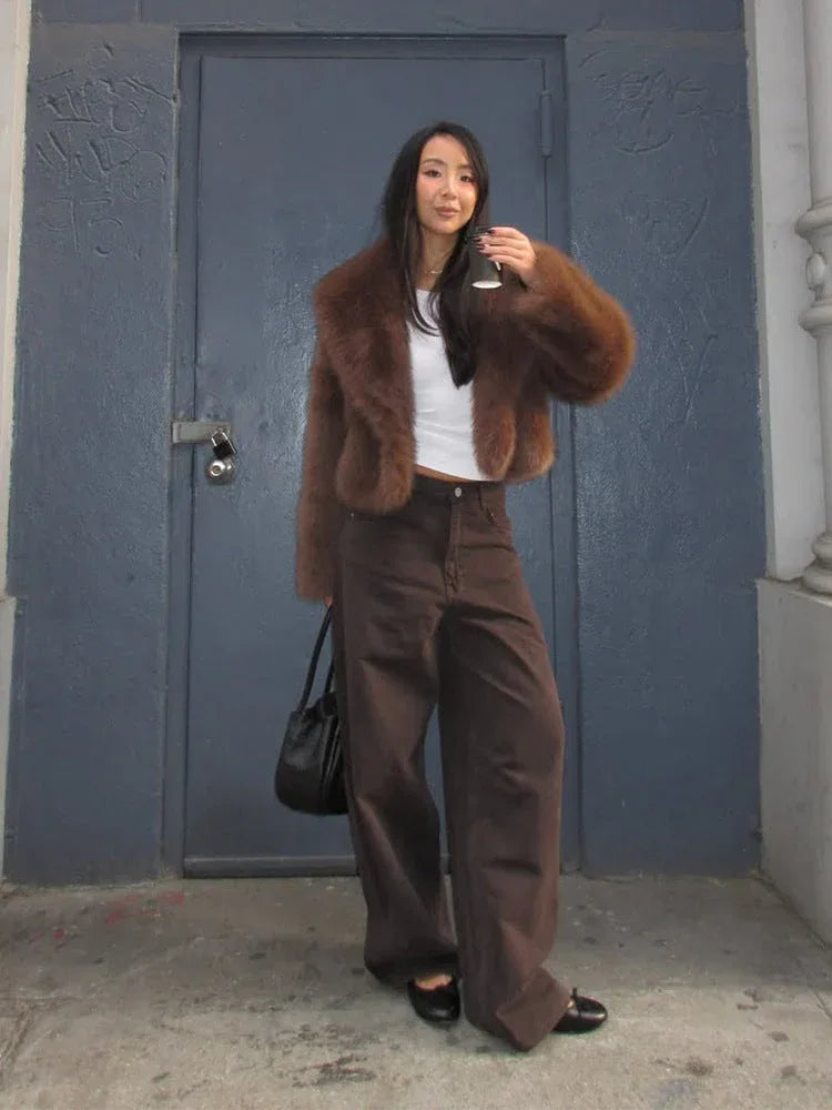 Plush faux fur cropped jacket with oversized lapels - View 9 | WEUXS