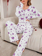 Ribbed heart print pajama set - View 36 | WEUXS