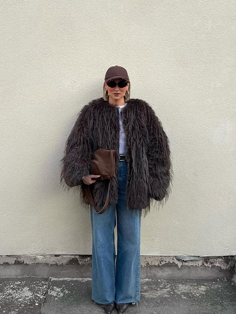 Luxe Espresso Shaggy Faux Fur Round Neck Jacket - WEUXS