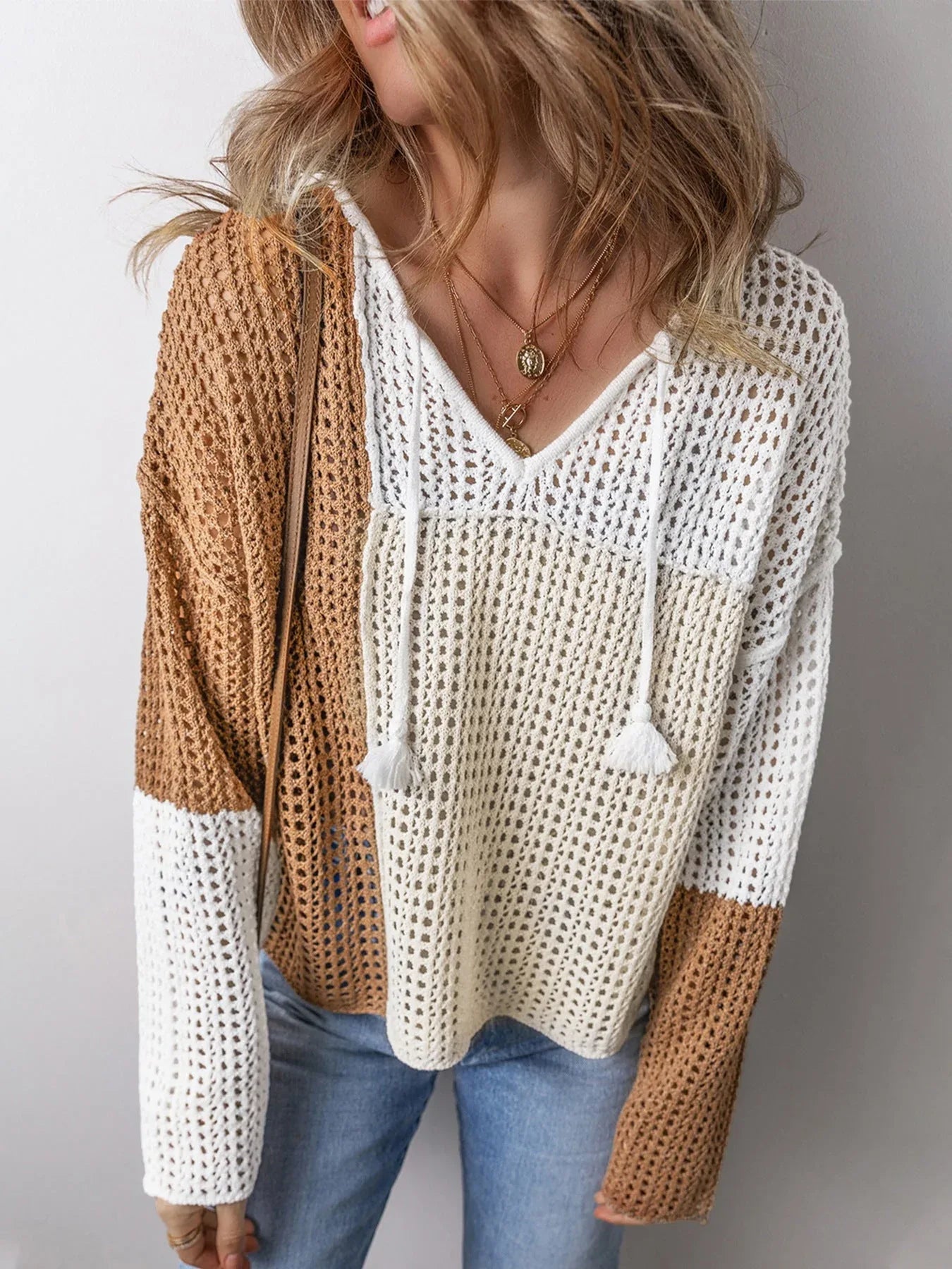 Color Block Crochet Knit Top - View 7 | WEUXS