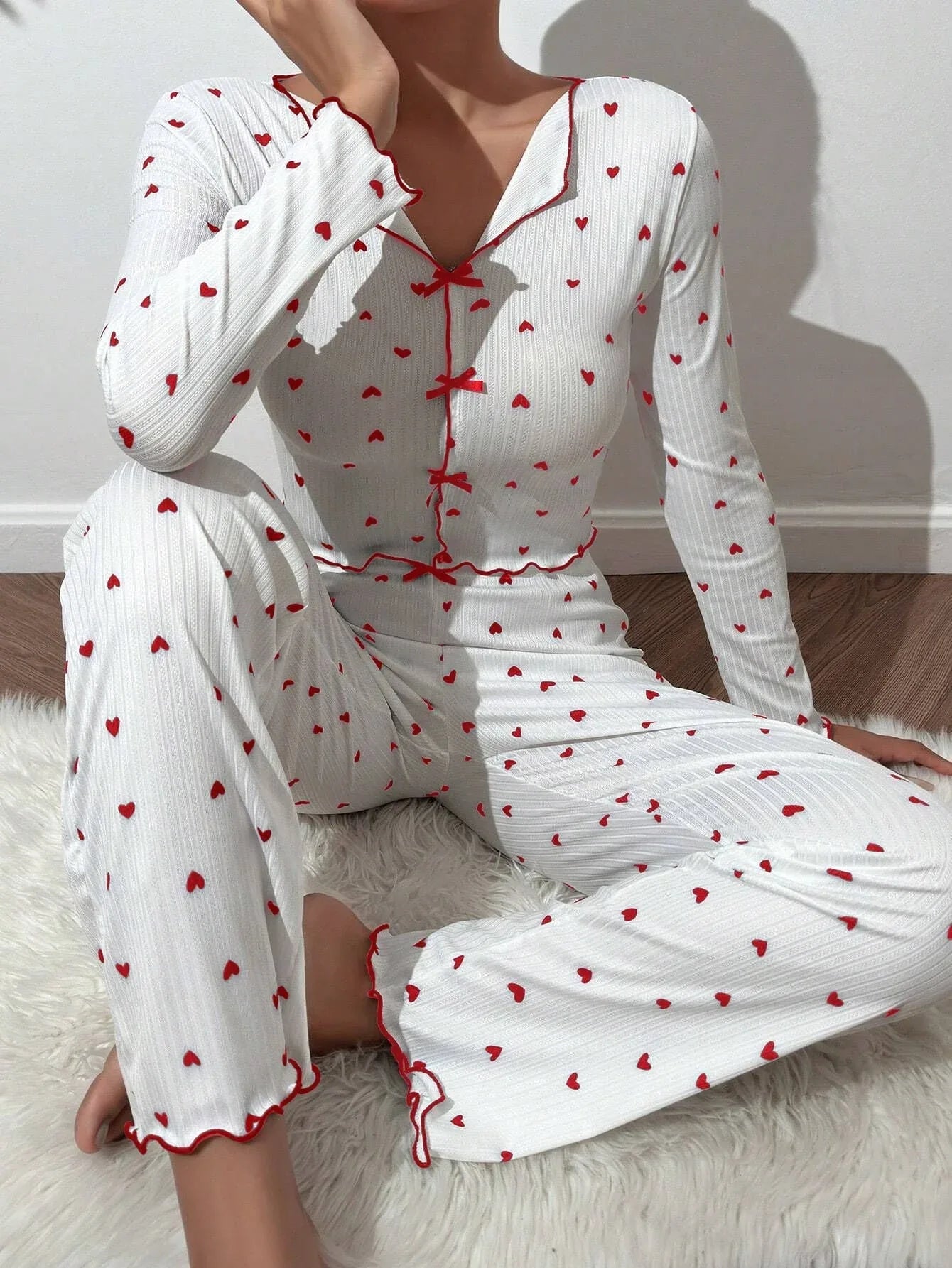 Ribbed heart print pajama set - View 23 | WEUXS