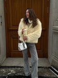 Cream Plush Faux Fur Cropped Jacket - WEUXS