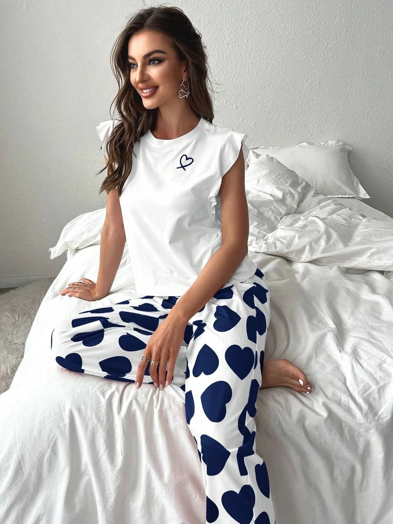 Heart Print Pajama Set with Ruffle Sleeves - View 23 | WEUXS