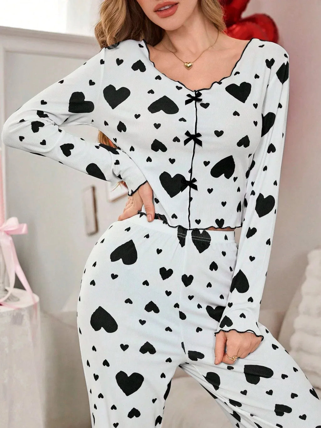 Ribbed heart print pajama set - View 17 | WEUXS