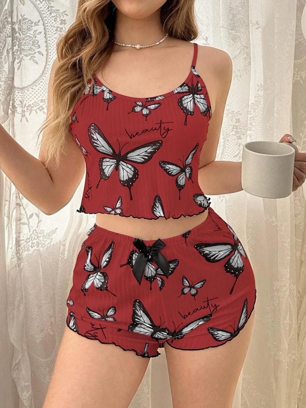 Ribbed butterfly print cami and shorts set - View 14 | WEUXS