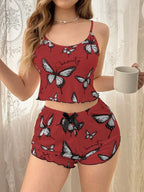 Ribbed butterfly print cami and shorts set - View 14 | WEUXS