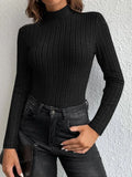 Sleek Slate Blue Mock Neck Ribbed Knit Top - WEUXS