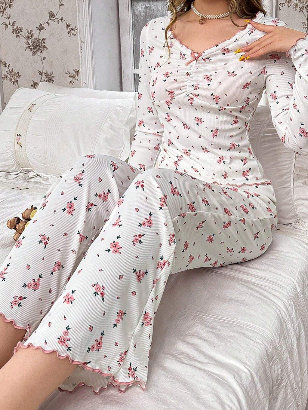 Ribbed knit pajama set with floral print - View 7 | WEUXS