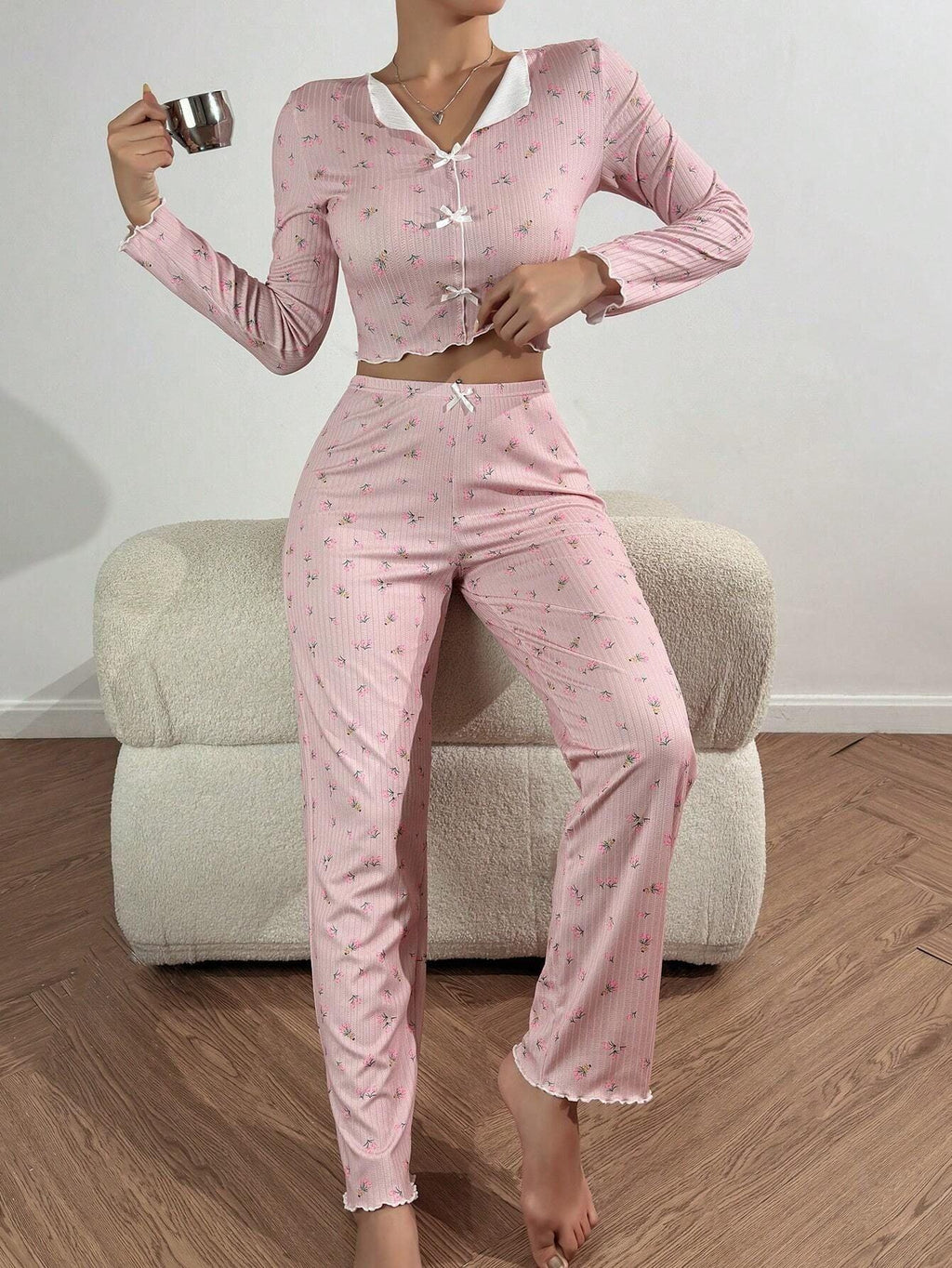 Ribbed Floral Henley Pajama Set - View 18 | WEUXS