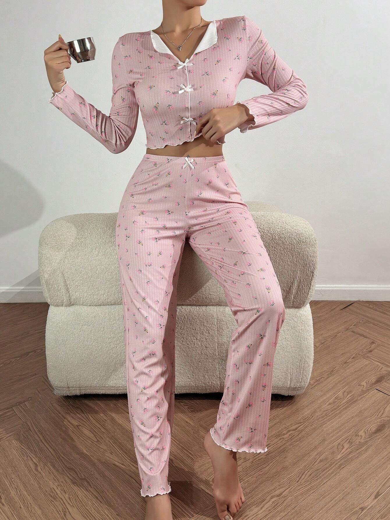 Ribbed Floral Henley Pajama Set - View 18 | WEUXS