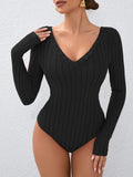 Heather Grey Soft Ribbed Knit V-Neck Long Sleeve Bodysuit - WEUXS