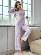 Ribbed floral pajama set with henley neckline and wide-leg pants - View 20 | WEUXS