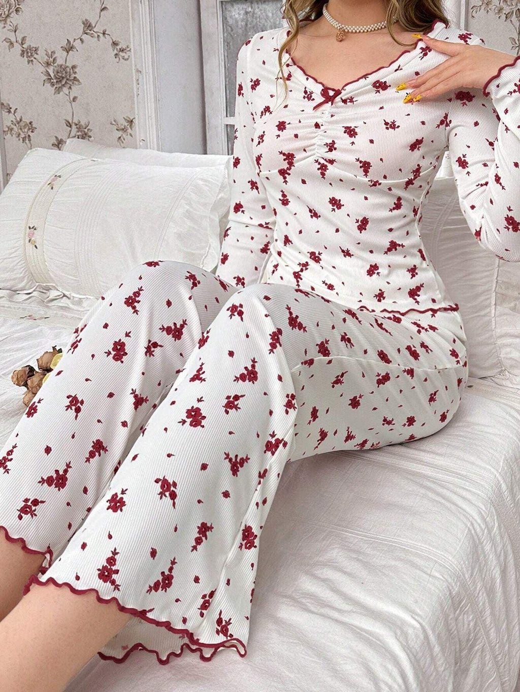 Coquette Ditsy Floral Ribbed Knit Pajama Set - WEUXS