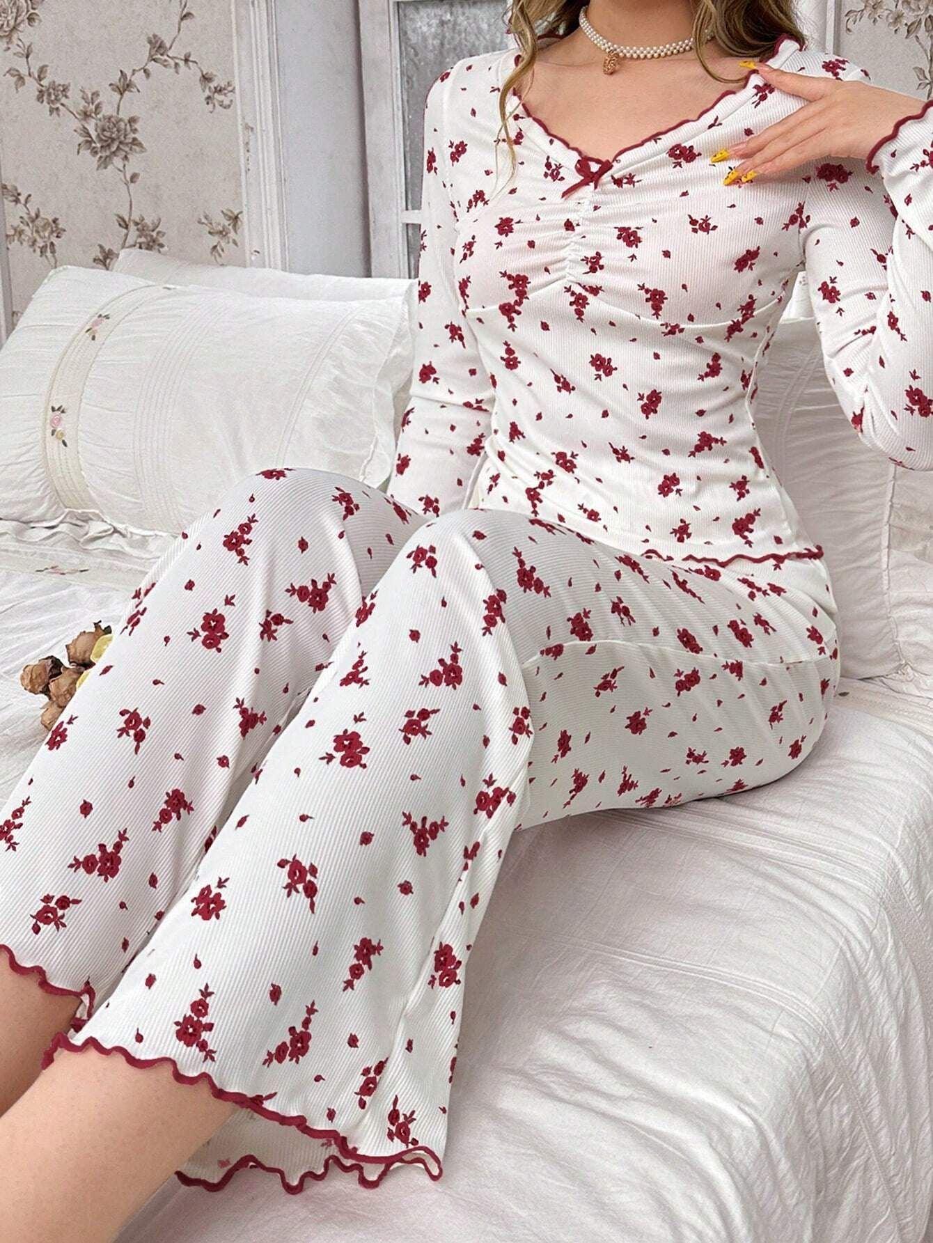 Coquette Ditsy Floral Ribbed Knit Pajama Set - WEUXS