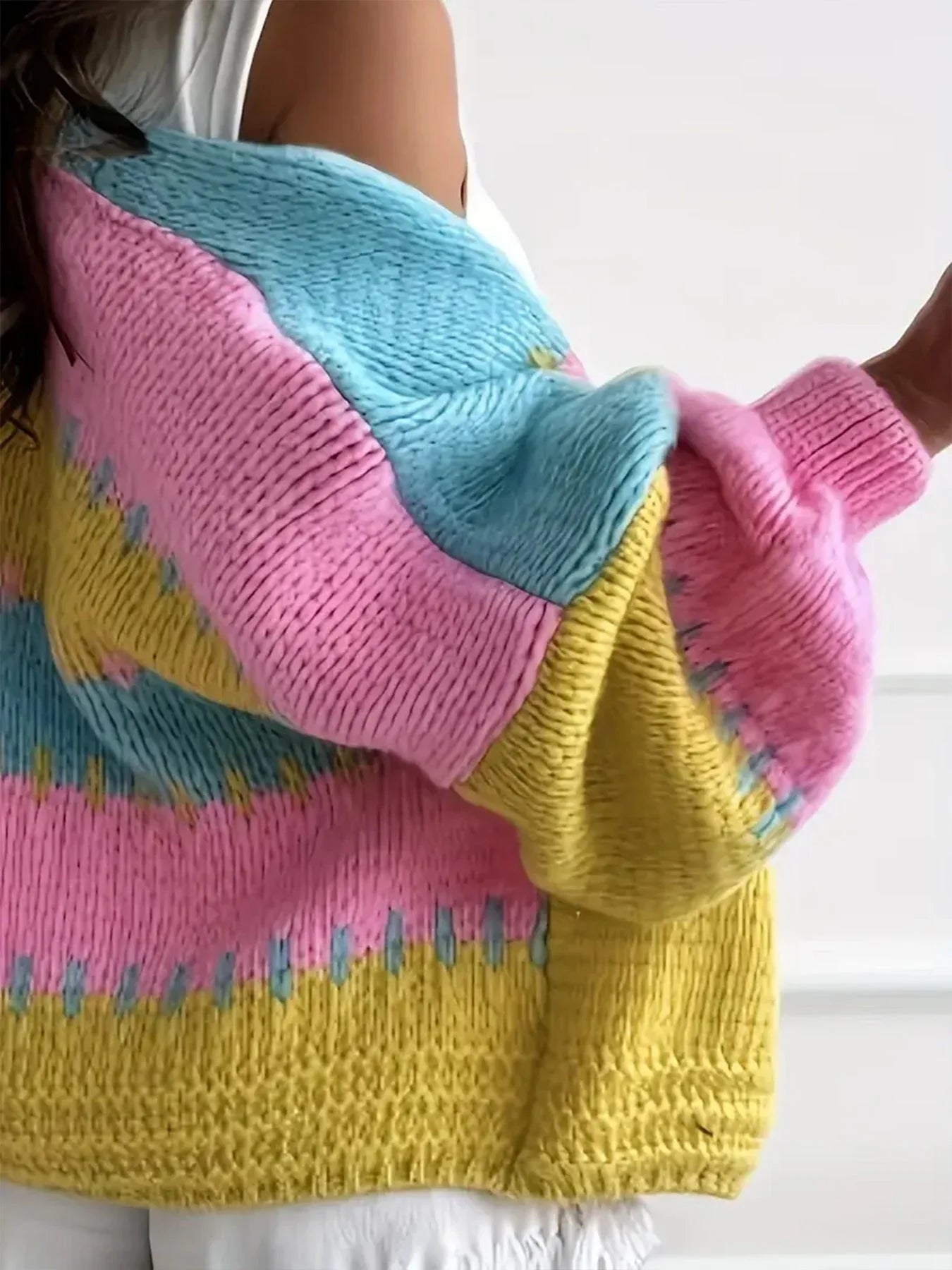 Chunky color block knit cardigan - View 9 | WEUXS