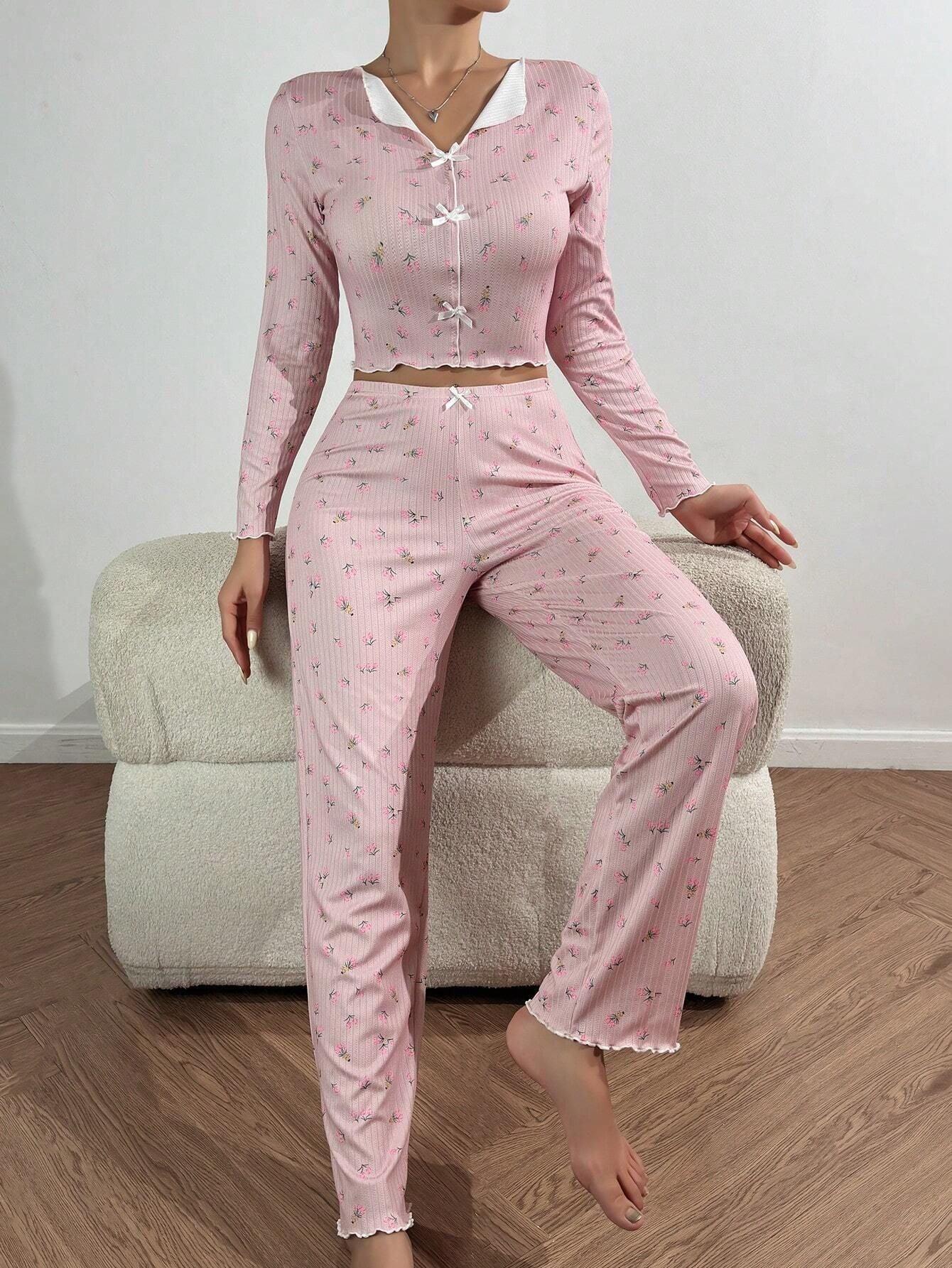 Tulip Floral Ribbed Henley Pajama Set - WEUXS