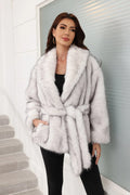 Luxe Grey Belted Faux Fur Coat - WEUXS