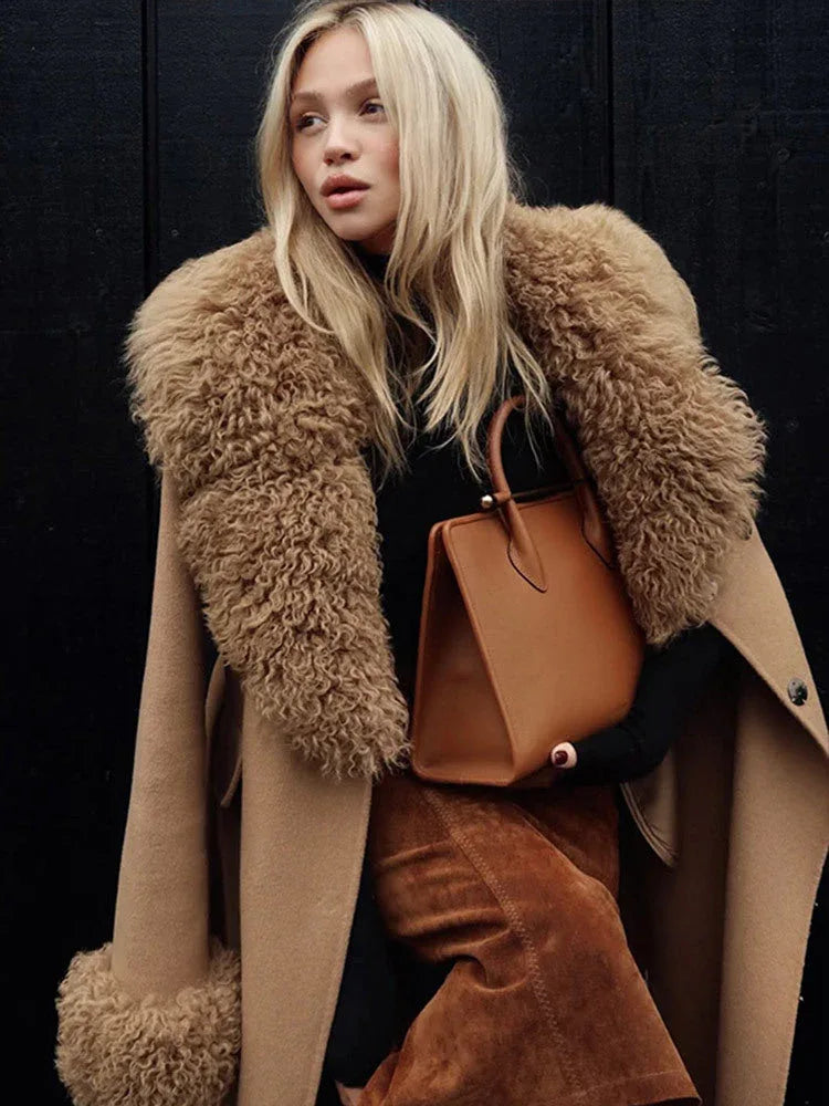 Camel Wool-Blend Midi Coat with Plush Shearling Trim - WEUXS