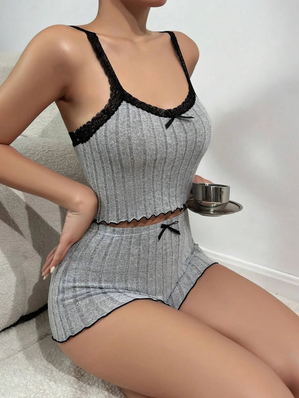 Pink Ribbed Cami & Shorts Set - WEUXS