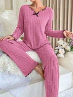 Ribbed pajama set with contrast trim and bow - View 24 | WEUXS