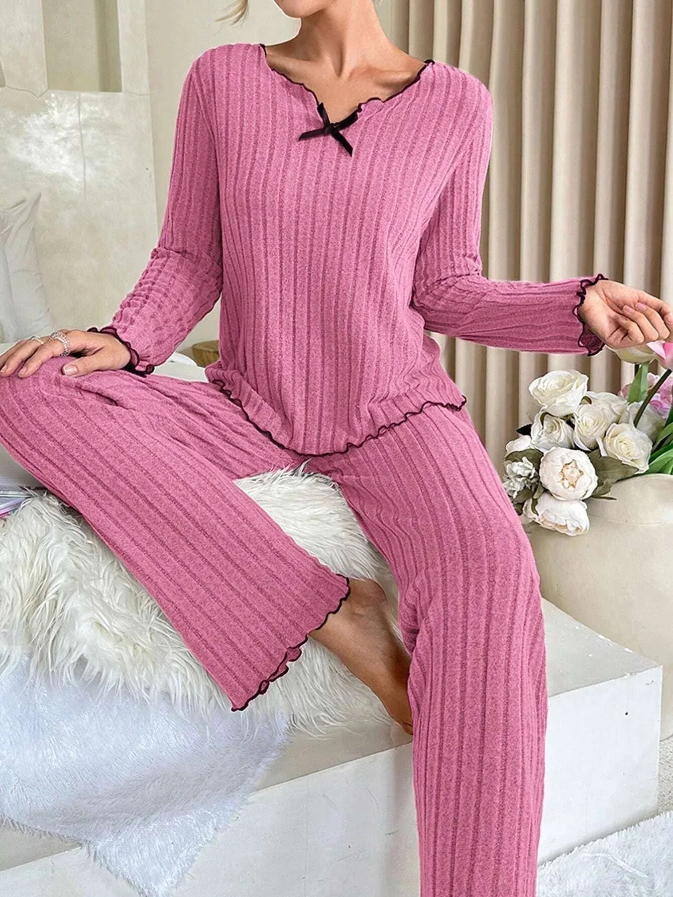 Ribbed pajama set with contrast trim and bow - View 24 | WEUXS