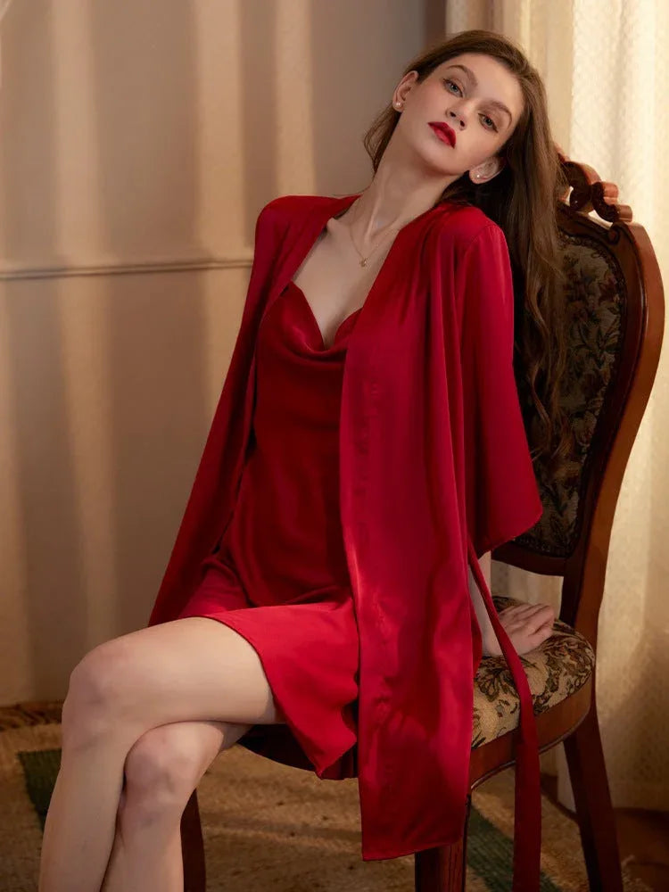 Cutout Twist-Front Satin Slip Dress & Robe Set - WEUXS