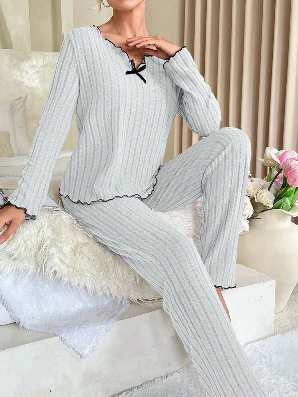 Ribbed Pajama Set with Contrast Trim and Bow - View 18 | WEUXS