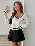 Ivy League V-Neck Cable Knit Sweater - WEUXS