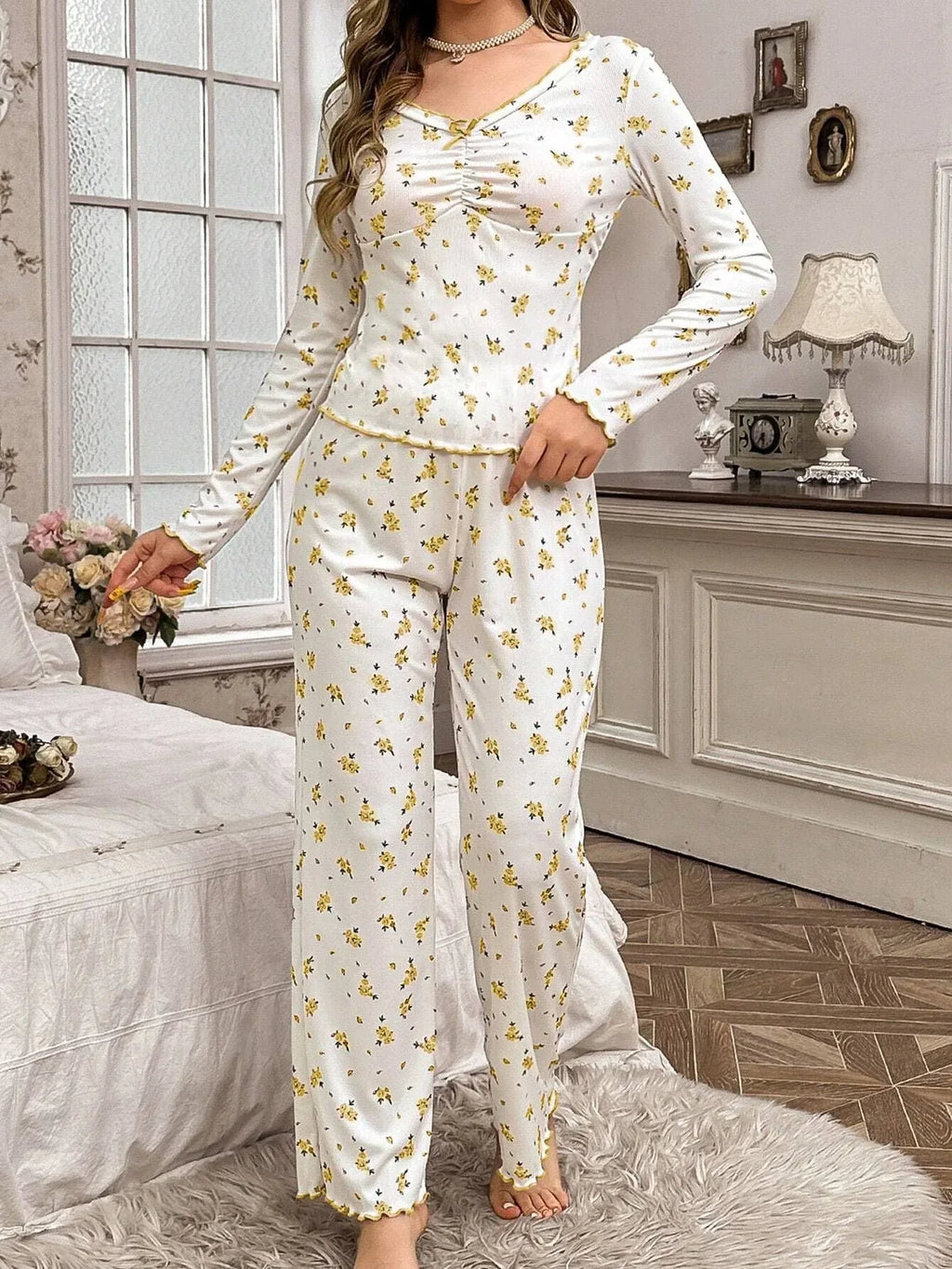 Ribbed knit pajama set with floral print - View 17 | WEUXS