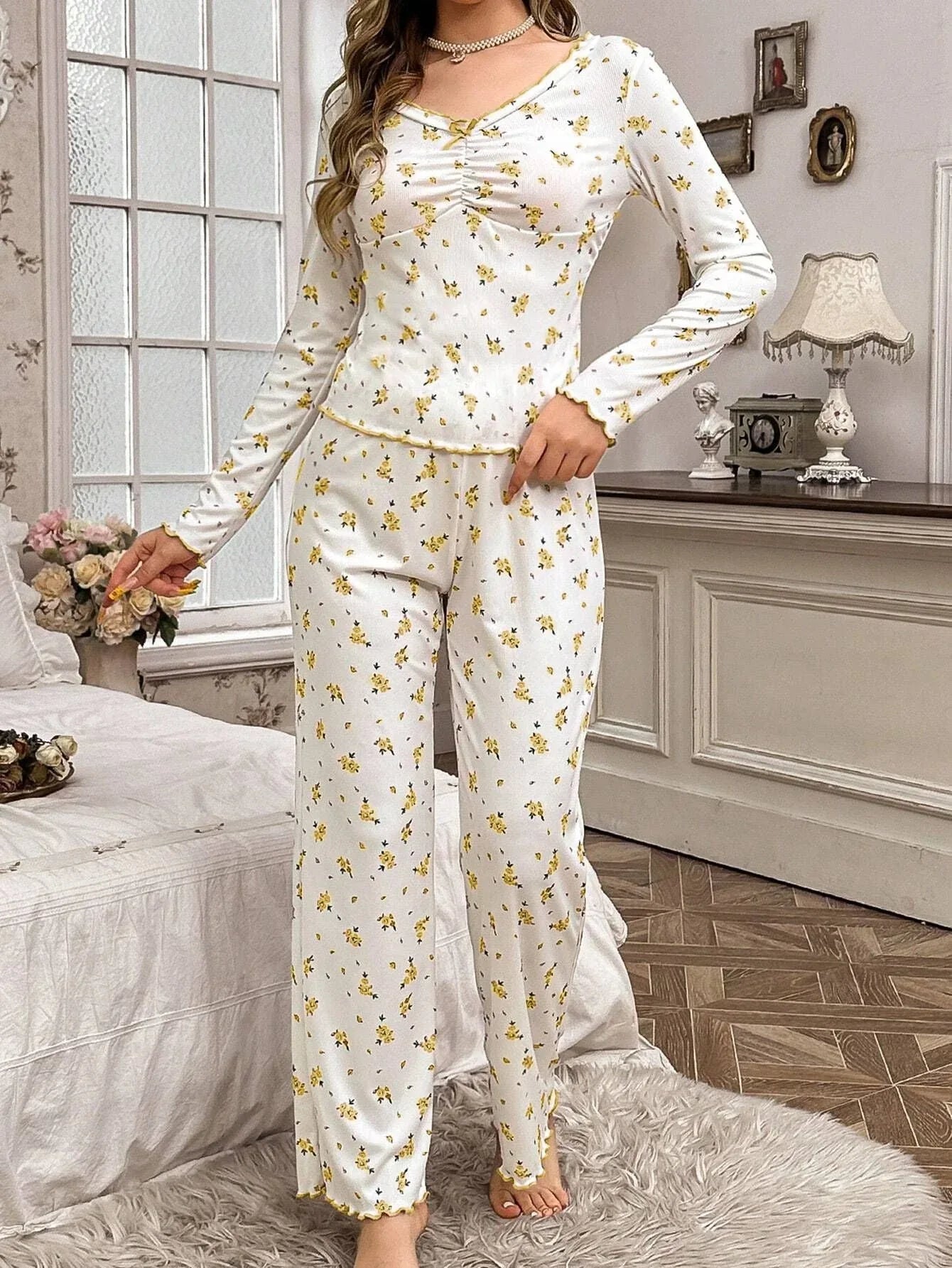 Ribbed knit pajama set with floral print - View 17 | WEUXS