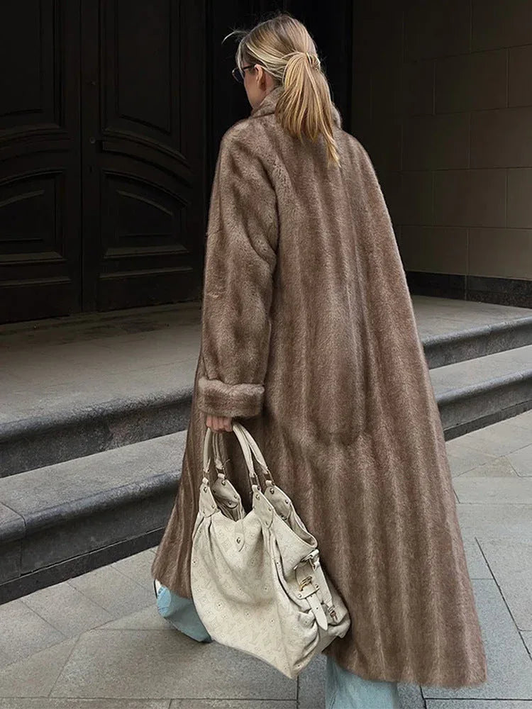 Vintage Mink Texture Faux Fur Long Coat - WEUXS