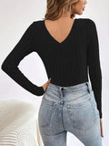 Berry Pink Brushed Ribbed Knit V-Neck Bodysuit - View 6 | WEUXS