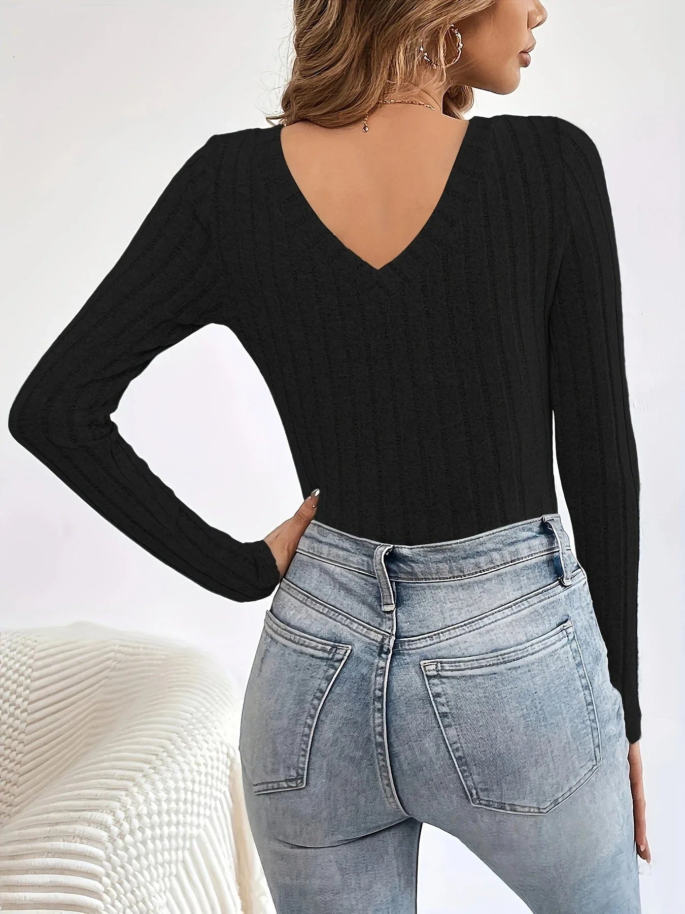 Berry Pink Brushed Ribbed Knit V-Neck Bodysuit - View 6 | WEUXS