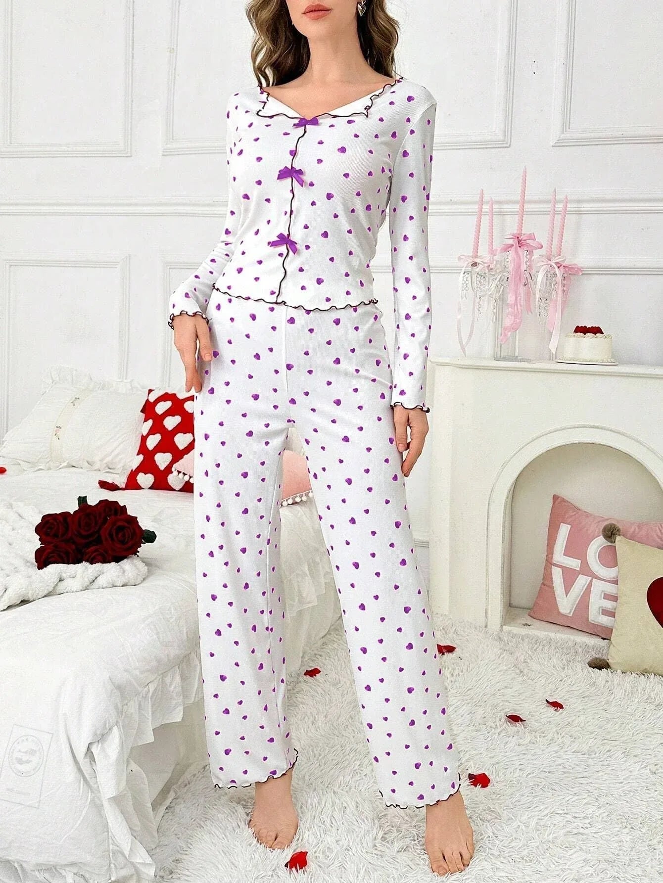 Ribbed pajama set with heart print and decorative bows - View 22 | WEUXS