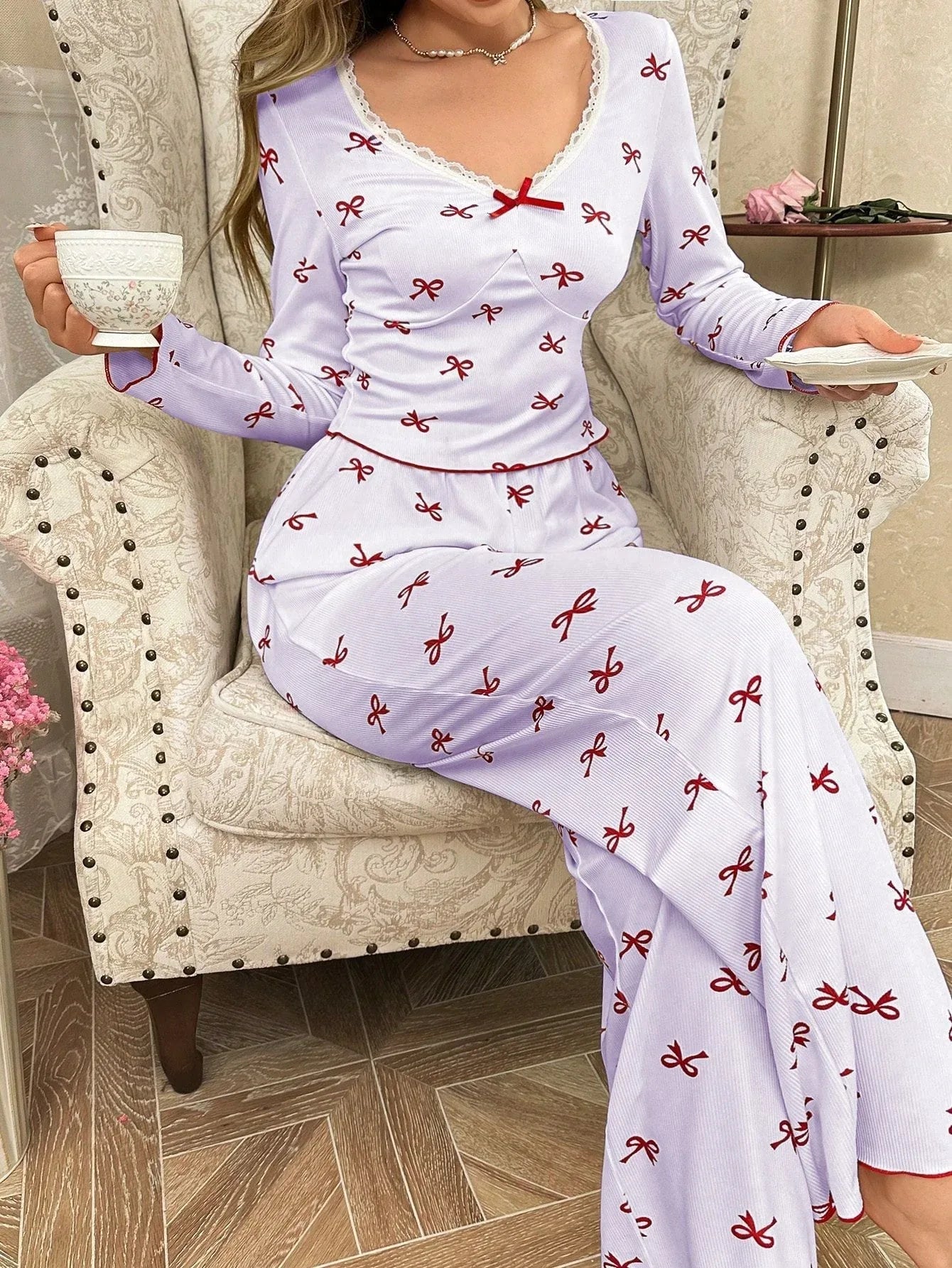 Ribbed Pajama Set with Bow Print - View 24 | WEUXS