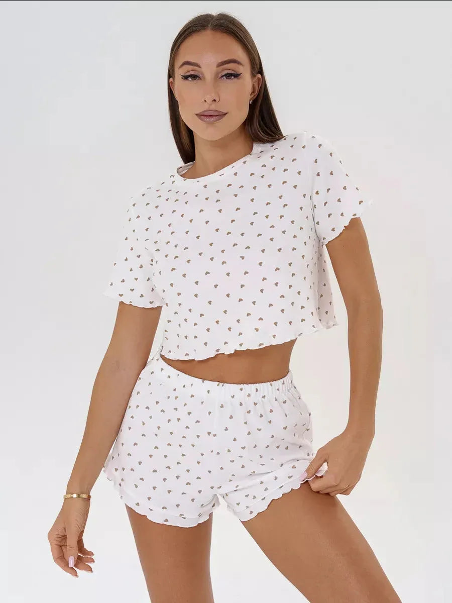 Ditsy Heart Print Ribbed Tee & Shorts Set - View 11 | WEUXS