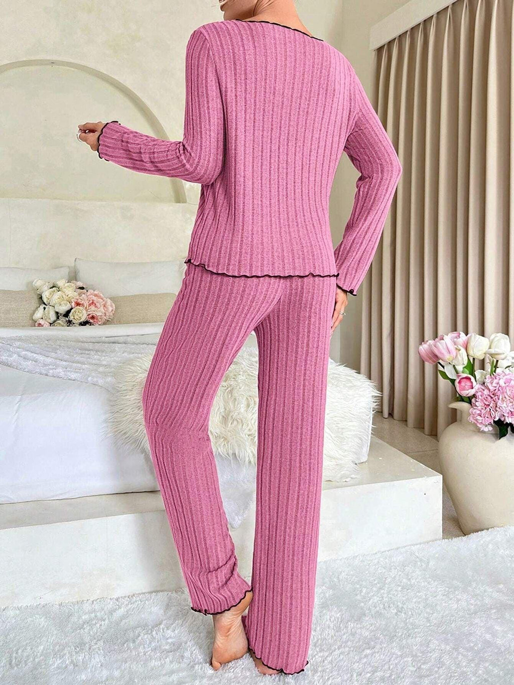 Ribbed pajama set with contrast trim and bow - View 21 | WEUXS